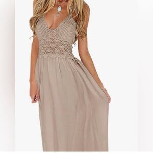 LILBETTER Tan Beach Crochet Backless Bohemian Halter Maxi Dress Sz Small